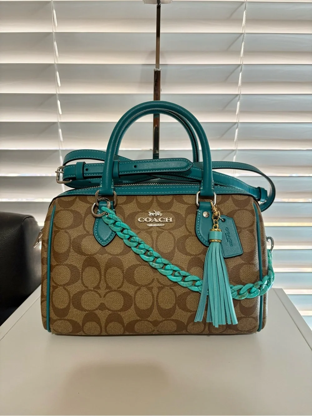 COACH Rowan Satchel Signature Canvas Teal Turquoise Medium Bag